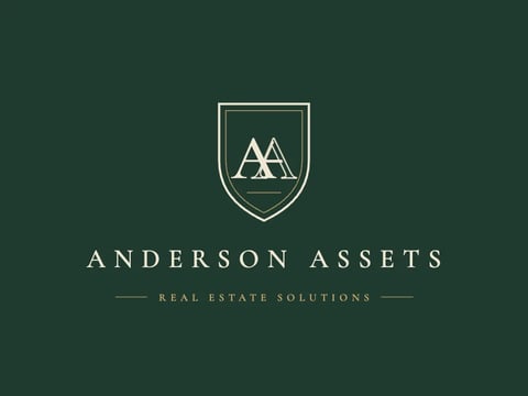 Anderson Assets logo featuring a shield with double A monogram and text reading Real Estate Solutions on dark green background
